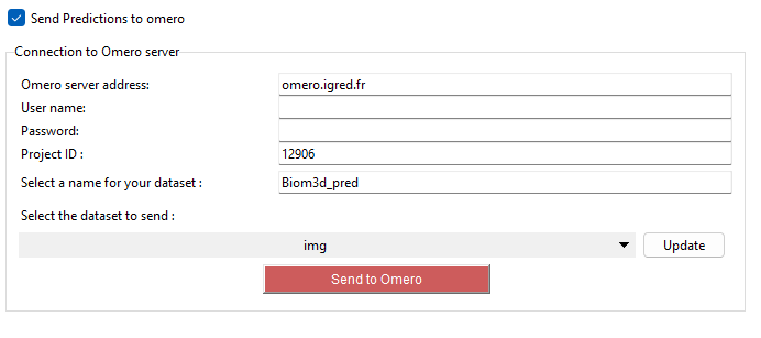 Screenshot of send to omero part in remote of the GUI